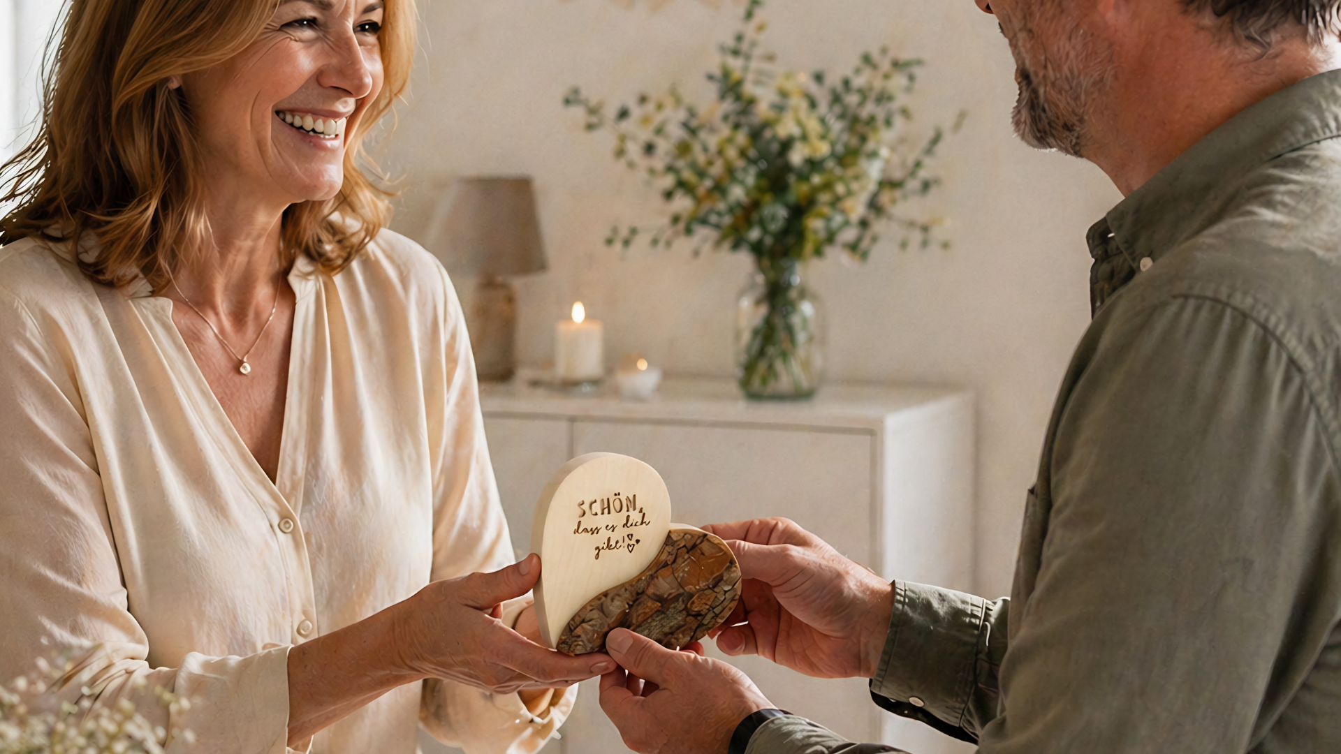 Holzherz mit Gravur "Schön dass es dich gibt!" wird als Geschenk übergeben