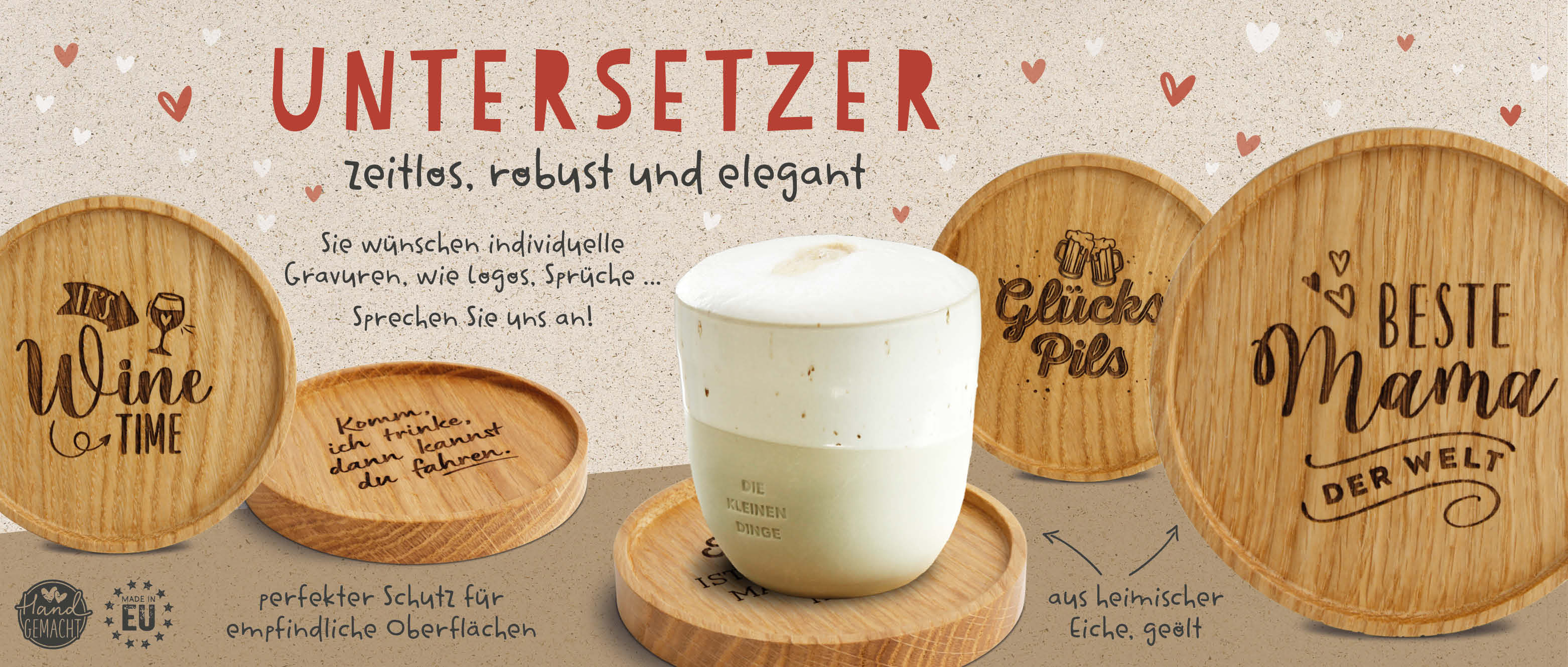 Glas-Untersetzer mit Gravur – über 50 verschiedene Designs, handgefertigt, zeitlos, robust und elegant