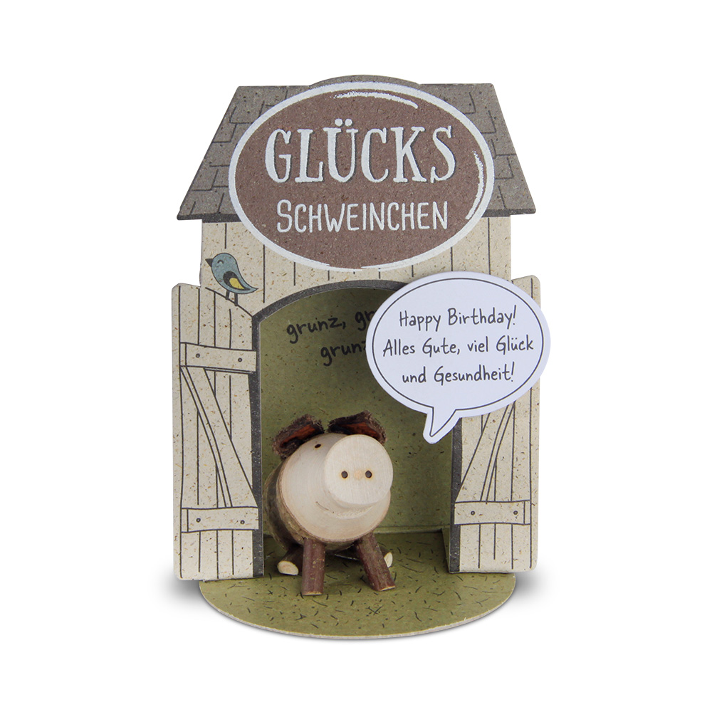 Glücksschweinchen sitzend: "Happy Birthday..."
