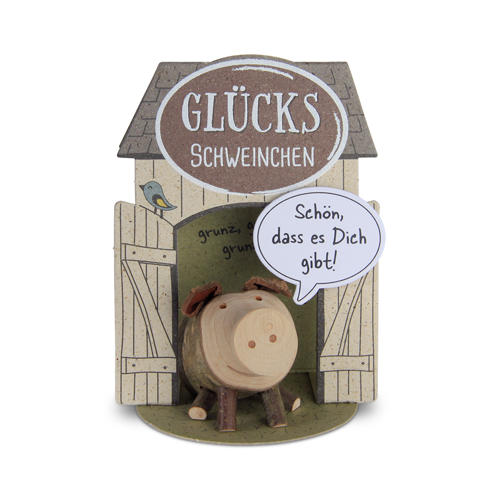 Glücksschweinchen sitzend: "Schön, dass es..."